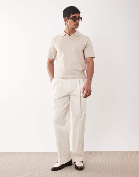 ASOS DESIGN tailored cotton rich wide leg chino trousers in ecru with front pleats - view 1