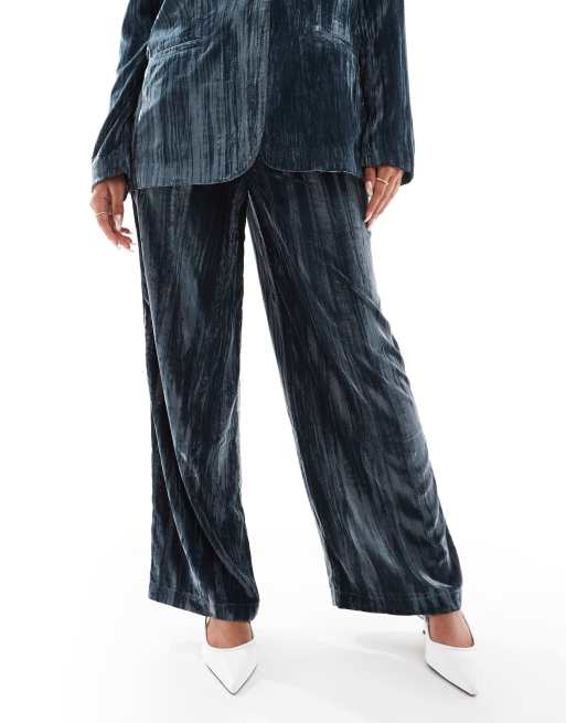 ASOS DESIGN tailored crinkle velvet pants in blue - part of a set