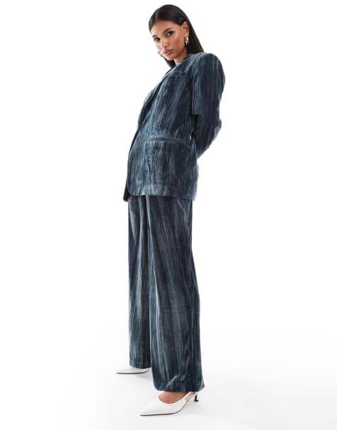 ASOS DESIGN tailored crinkle velvet trouser co-ord in blue - view 1