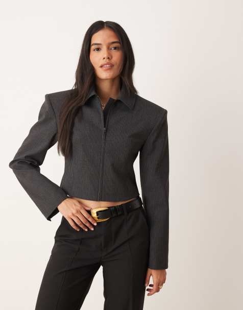 ASOS DESIGN tailored crop cinch zip through jacket in brown pinstripe (part of a set) - view 1
