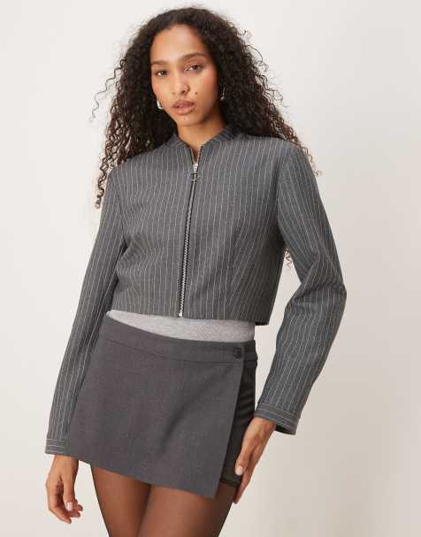 ASOS DESIGN tailored crop zip front blazer in grey pinstripe - view 1