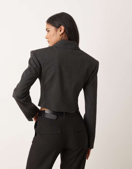 ASOS DESIGN tailored cropped cinch zip up jacket in brown pinstripes - part of a set, 4 of 4