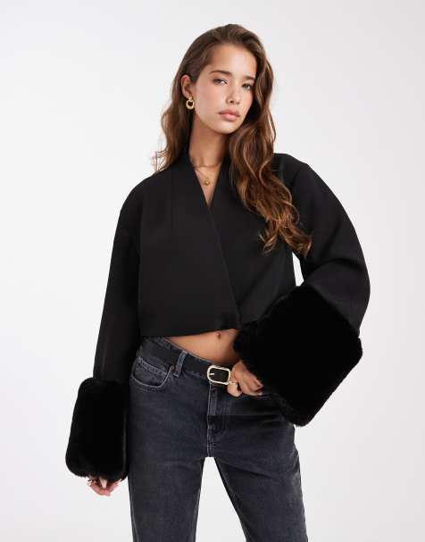 ASOS DESIGN tailored cropped cocoon sleeve blazer with faux fur in black - view 1