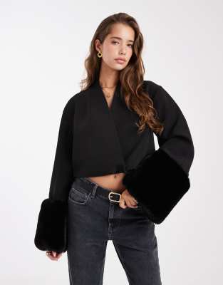 Asos Design Tailored Cropped Cocoon Sleeves Blazer With Faux Fur In Multi