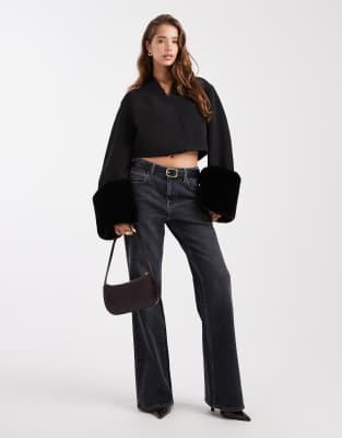 Asos Design Tailored Cropped Cocoon Sleeves Blazer With Faux Fur In Black