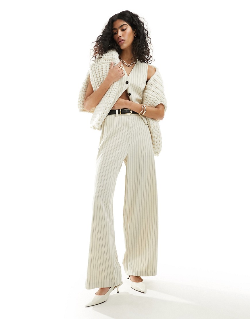 Asos Design Tailored Cropped Pants With Belt In Cream Stripe-white