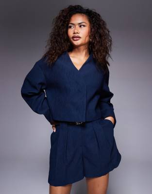 tailored cropped textured blazer in navy - part of a set