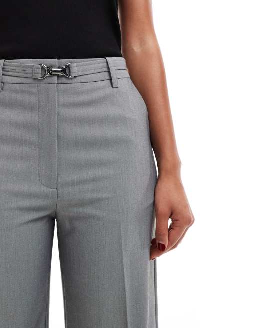ASOS DESIGN tailored cropped wide leg trousers with buckle detail in grey, 4 of 5