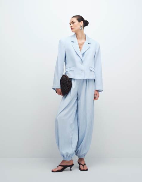 ASOS DESIGN Tailored cuff hem balloon pants in soft blue - view 1