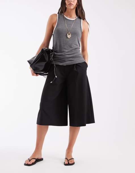 ASOS DESIGN tailored culotte trousers with linen in black - view 1
