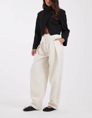Asos Design Tailored Deep Waistband Barrel Pants With Pleat Detail In Neutral
