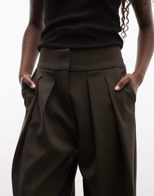 ASOS DESIGN tailored deep waistband barrel pants with pleat detail in khaki, 2 of 5