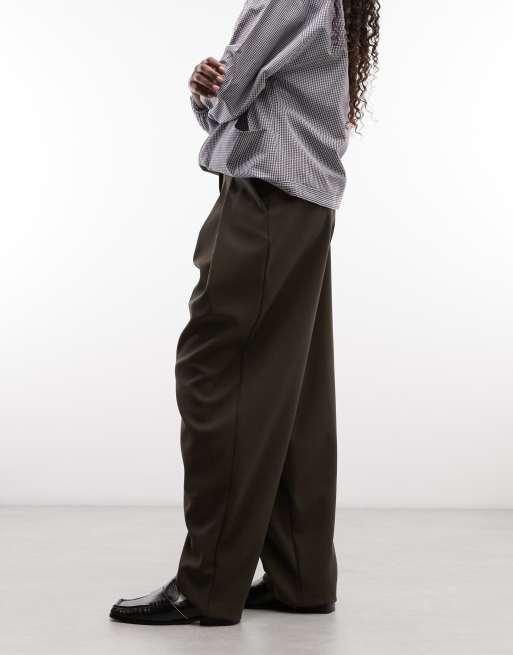 ASOS DESIGN tailored deep waistband barrel pants with pleat detail in khaki, 3 of 5