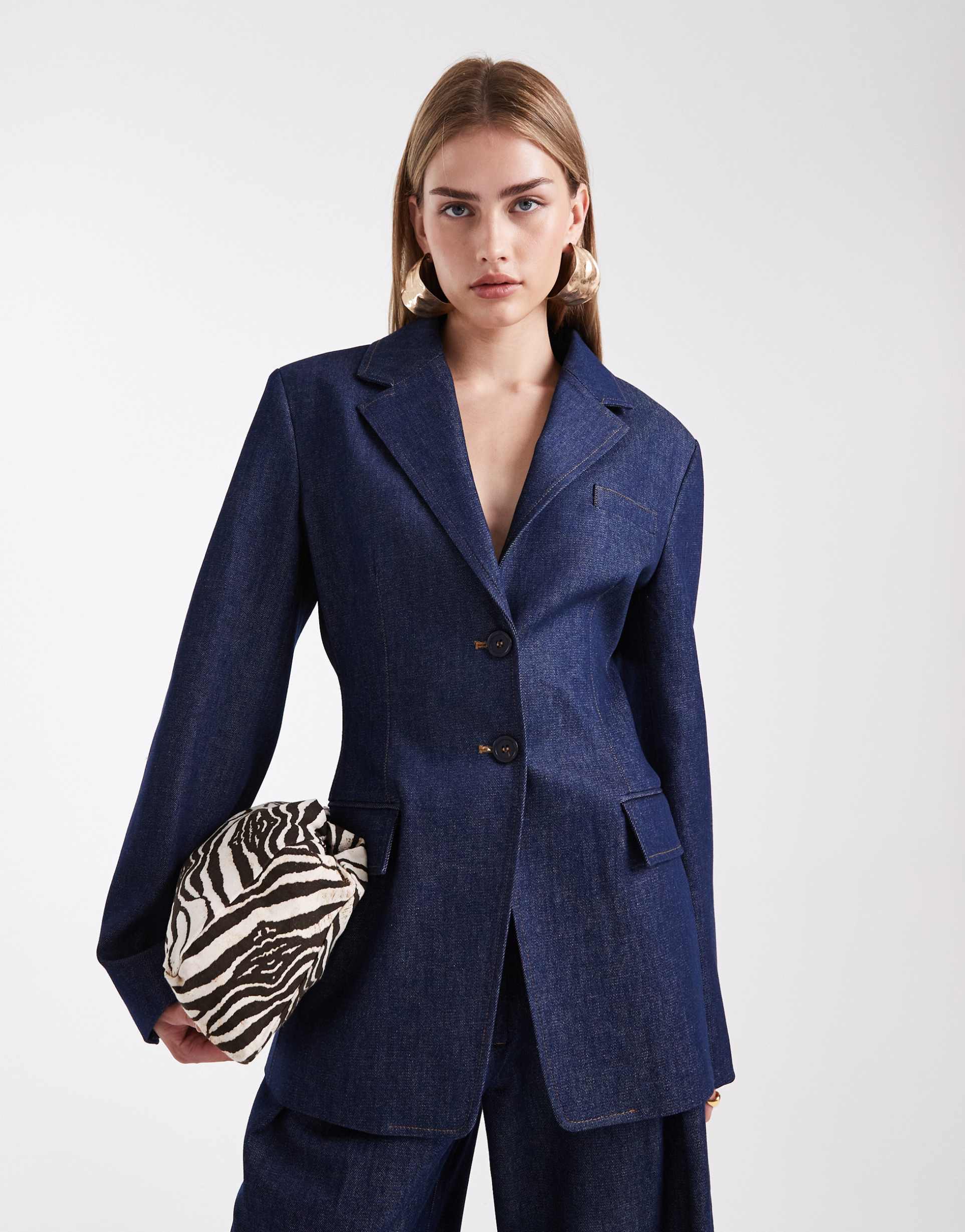 asos design tailored denim cinch waist blazer in indigo - part of a set