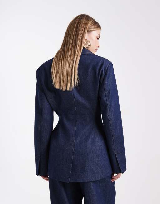 ASOS DESIGN tailored denim cinch waist blazer in indigo - part of a set