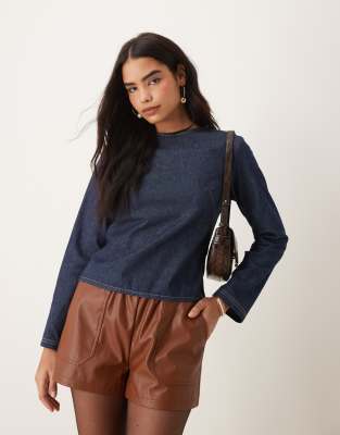 Asos Design Tailored Denim Long Sleeve Blouse In Indigo-blue