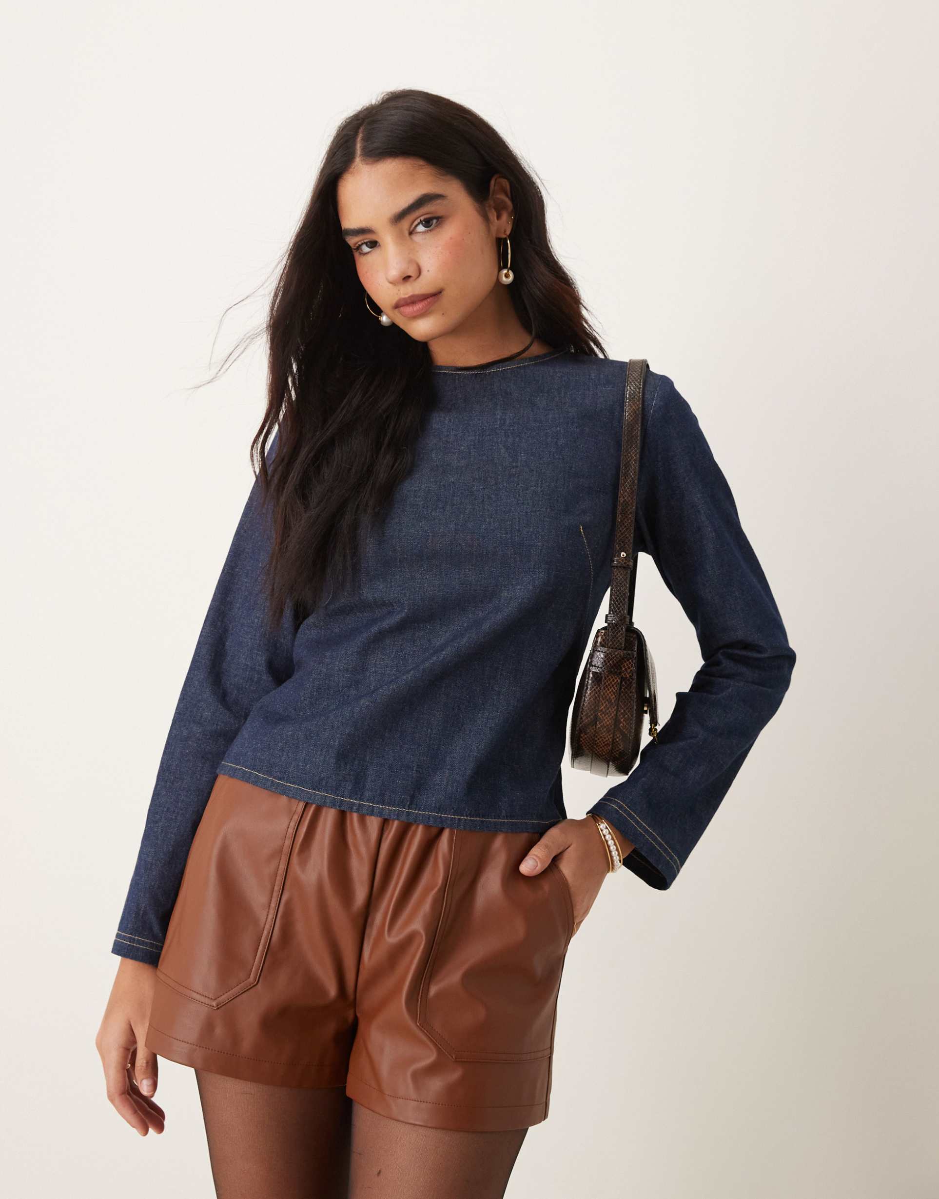 asos design tailored denim long sleeve blouse in indigo