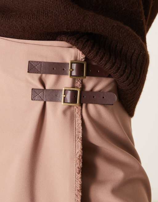 ASOS DESIGN tailored double belt wrap raw edge skirt in mocha, 2 of 5