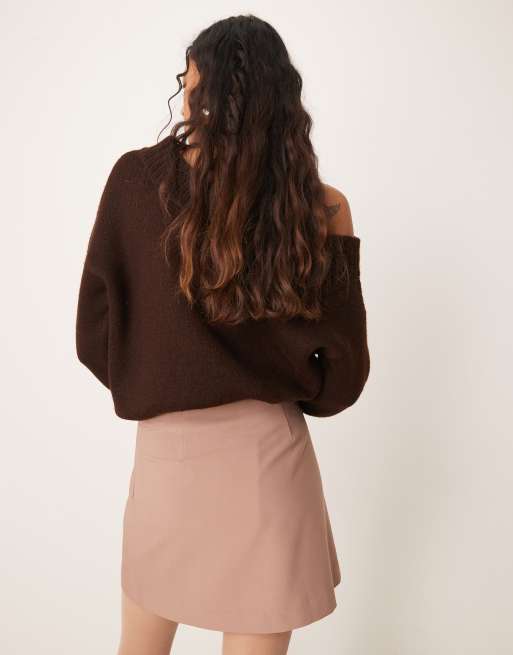 ASOS DESIGN tailored double belt wrap raw edge skirt in mocha, 3 of 5