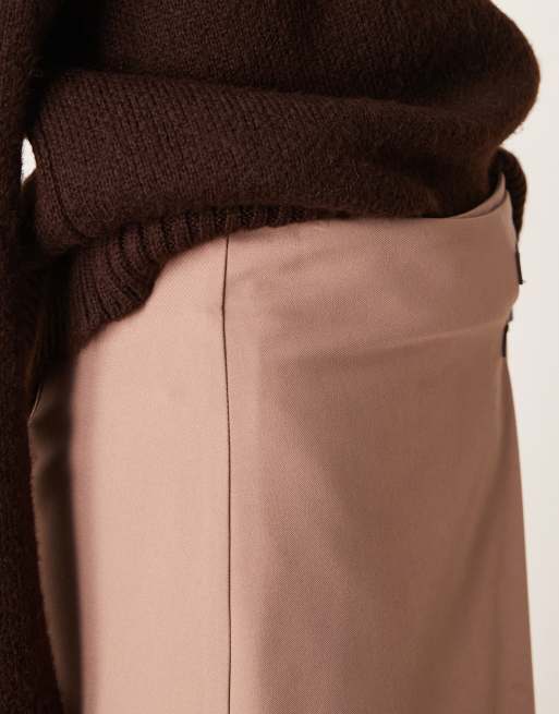 ASOS DESIGN tailored double belt wrap raw edge skirt in mocha, 5 of 5