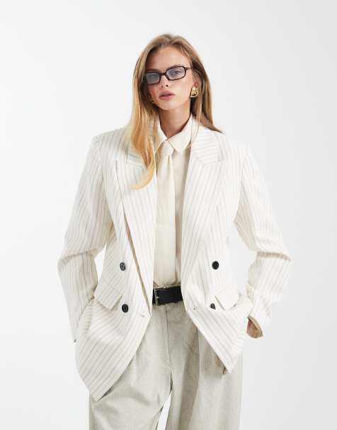 ASOS DESIGN tailored double breasted blazer with linen in ecru stripe - view 1