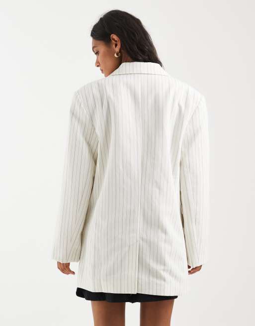 ASOS DESIGN tailored double breasted blazer with linen in ecru stripe , 4 of 4