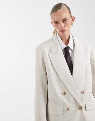 Asos Design Tailored Double Breasted Blazer With Linen In Neutral