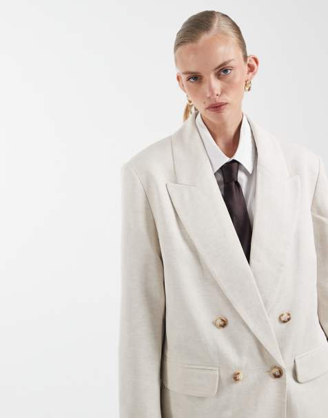 ASOS DESIGN tailored double breasted blazer with linen look in natural - view 1