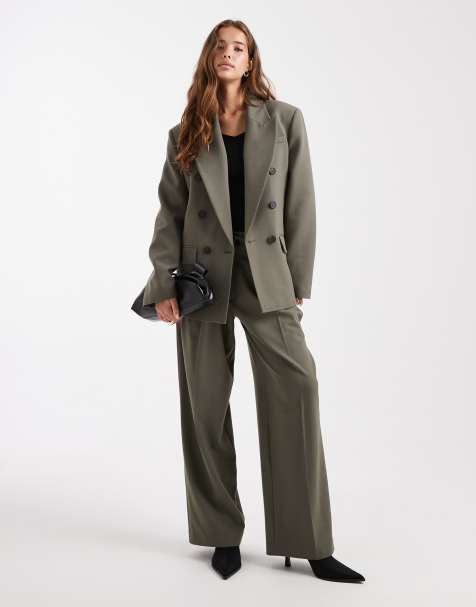 ASOS DESIGN tailored double breasted power blazer and low rise pants set in olive - view 1