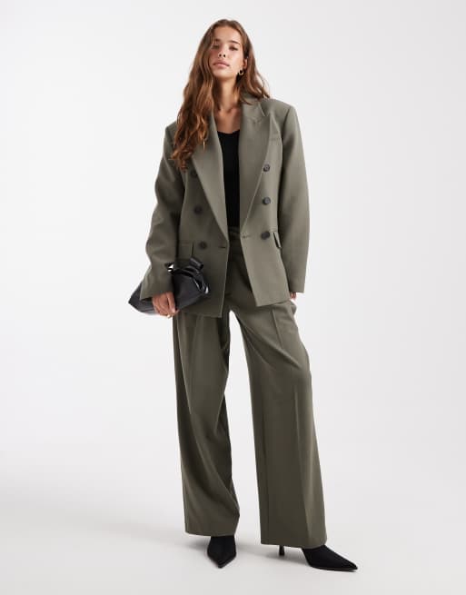 ASOS DESIGN tailored double breasted power blazer and low rise trousers co-ord in olive