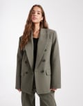 [ASOS DESIGN] ASOS DESIGN tailored double breasted power blazer in olive (part of a set)-Green 16 Olive