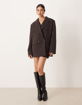 Asos Design Tailored Double Breasted Power Shoulder Blazer In Brown