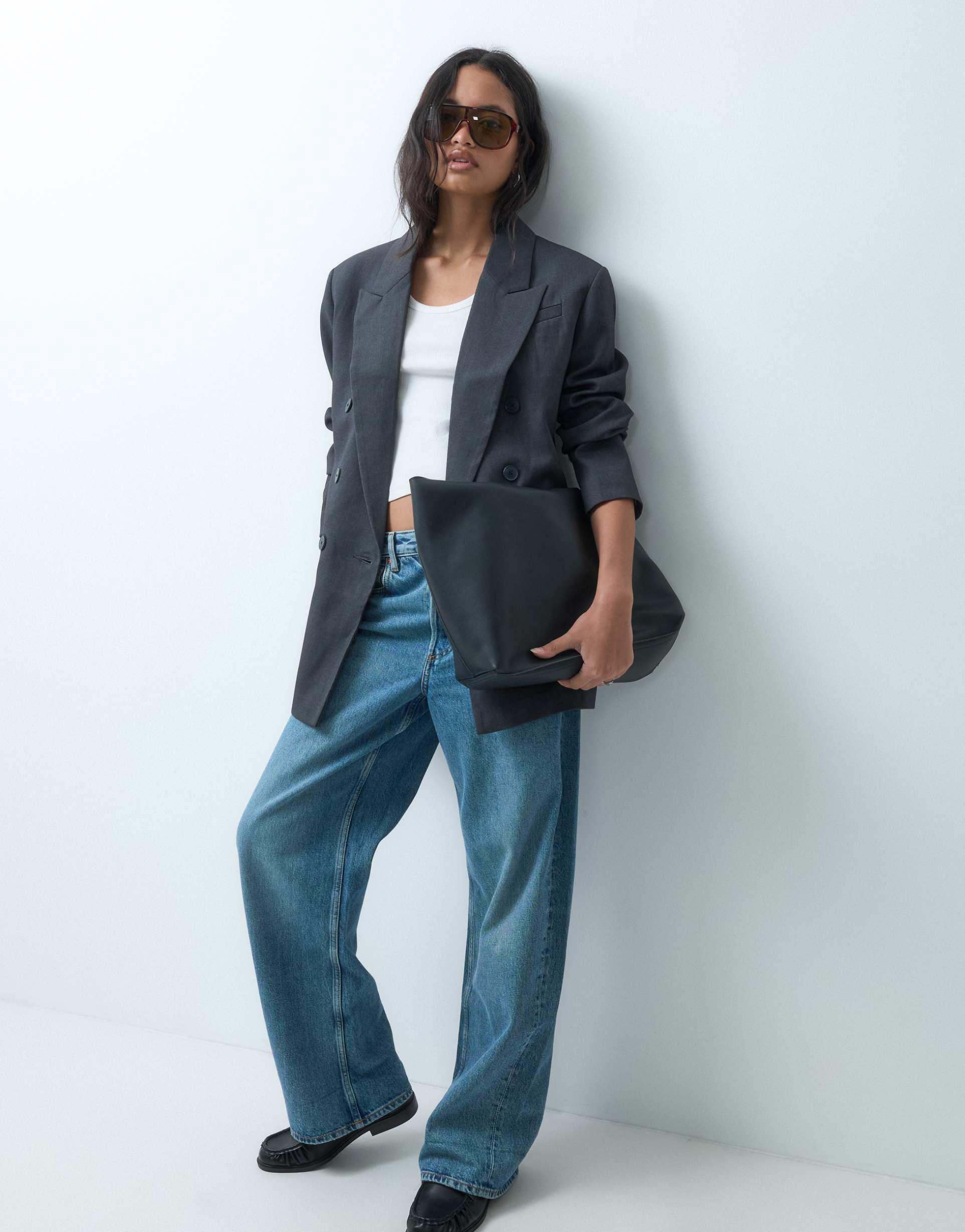 asos design tailored double breasted power shoulder blazer in gray heather