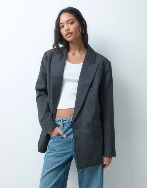 ASOS DESIGN tailored double breasted power shoulder blazer in grey marl, 3 of 5