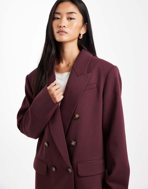 ASOS DESIGN tailored double breasted power shoulder blazer in plum, 3 of 4