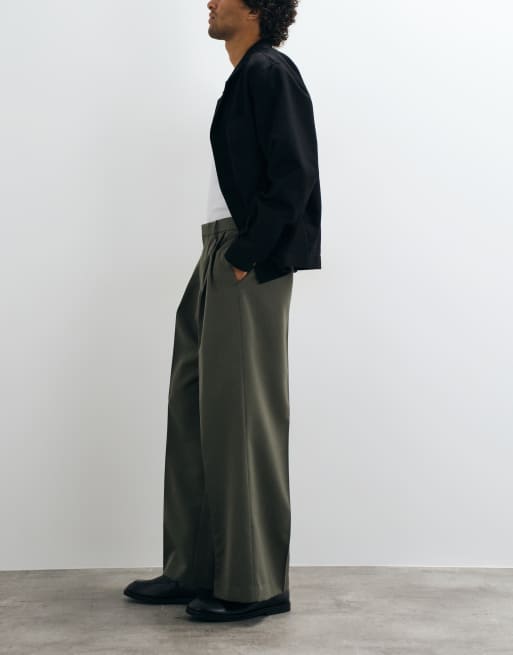 ASOS DESIGN tailored double pleated loose leg pants in olive green, 2 of 5