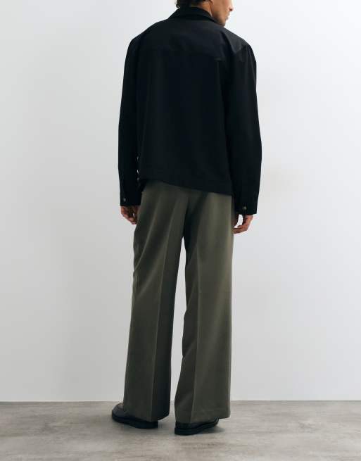 ASOS DESIGN tailored double pleated loose leg pants in olive green, 3 of 5