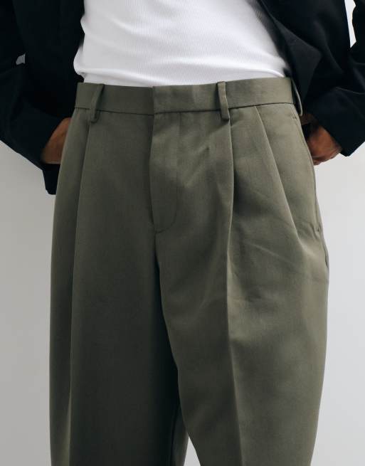 ASOS DESIGN tailored double pleated loose leg pants in olive green, 4 of 5