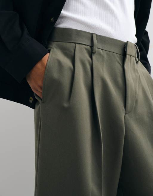 ASOS DESIGN tailored double pleated loose leg pants in olive green, 5 of 5