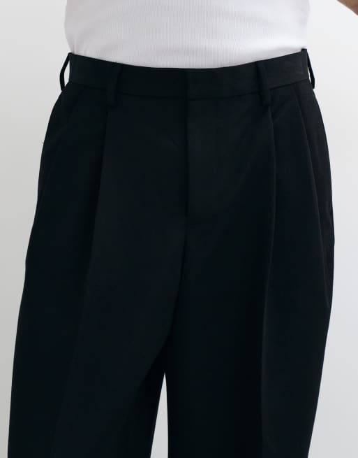 ASOS DESIGN tailored double pleated loose leg trousers in black, 4 of 5