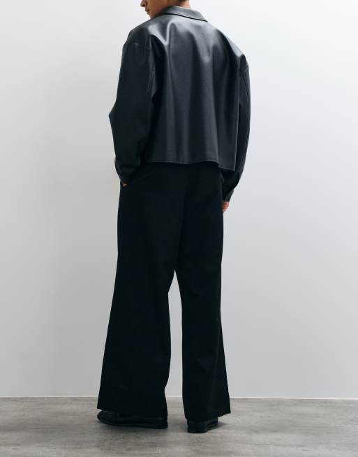 ASOS DESIGN tailored double pleated loose leg trousers in black, 5 of 5
