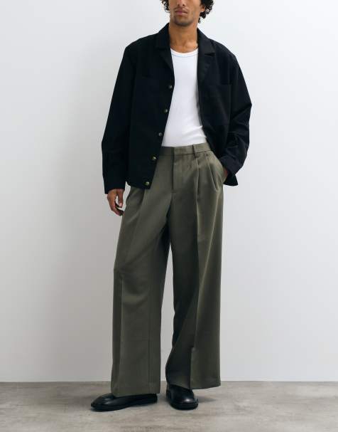 ASOS DESIGN tailored double pleated loose leg trousers in olive green