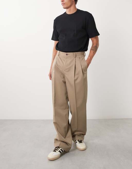 ASOS DESIGN tailored double pleated wide leg pants in khaki, 2 of 5