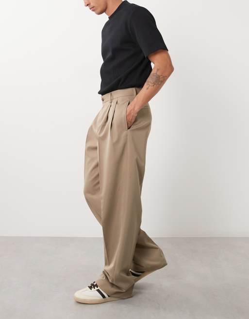 ASOS DESIGN tailored double pleated wide leg pants in khaki, 3 of 5