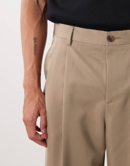 ASOS DESIGN tailored double pleated wide leg pants in khaki, 5 of 5
