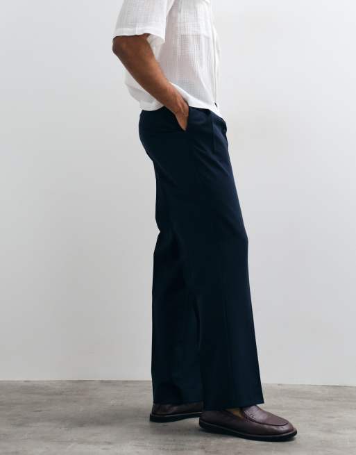 ASOS DESIGN tailored double pleated wide leg pants in navy, 2 of 5