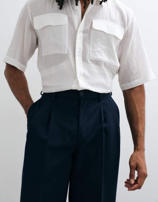 ASOS DESIGN tailored double pleated wide leg pants in navy, 3 of 5