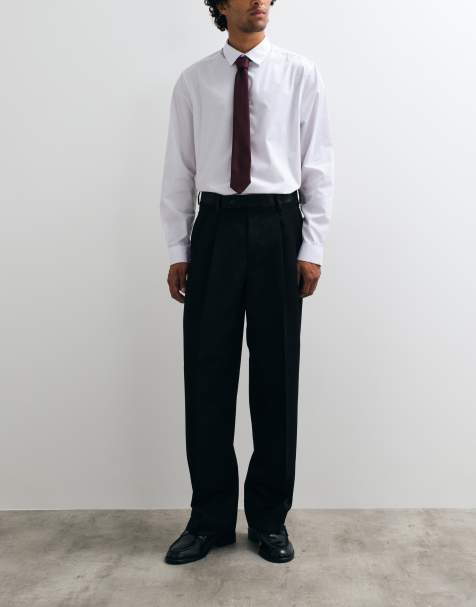 ASOS DESIGN tailored double pleated wide leg trousers in black with satin waistband - view 1