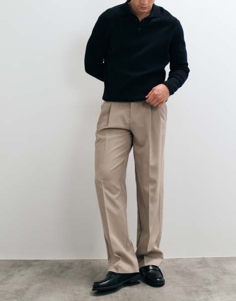 ASOS DESIGN tailored double pleated wide leg trousers in stone - view 1