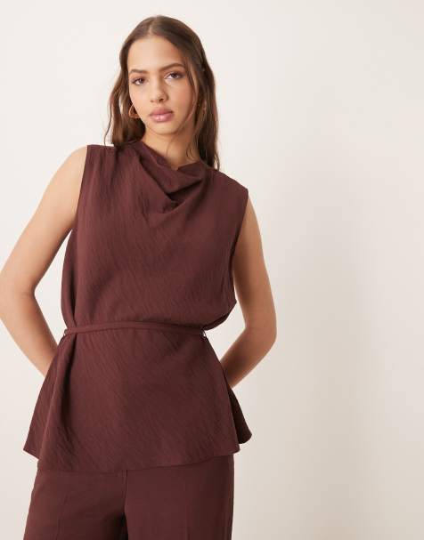 ASOS DESIGN tailored draped top with skinny belt co-ord in chocolate - view 1